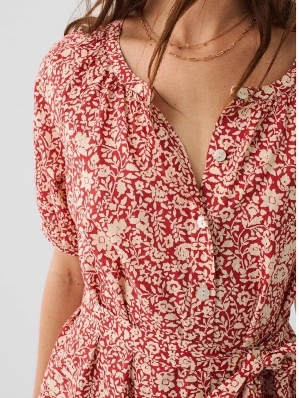 Faherty Carmel Red Cream Floral Belted Shirt Midi Dress Organic Cotton Size L - Picture 3 of 16